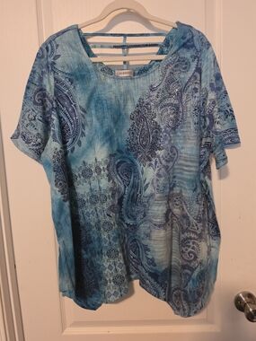 Catherines Blue Teal Paisley Ladder-Back Short Sleeve Top